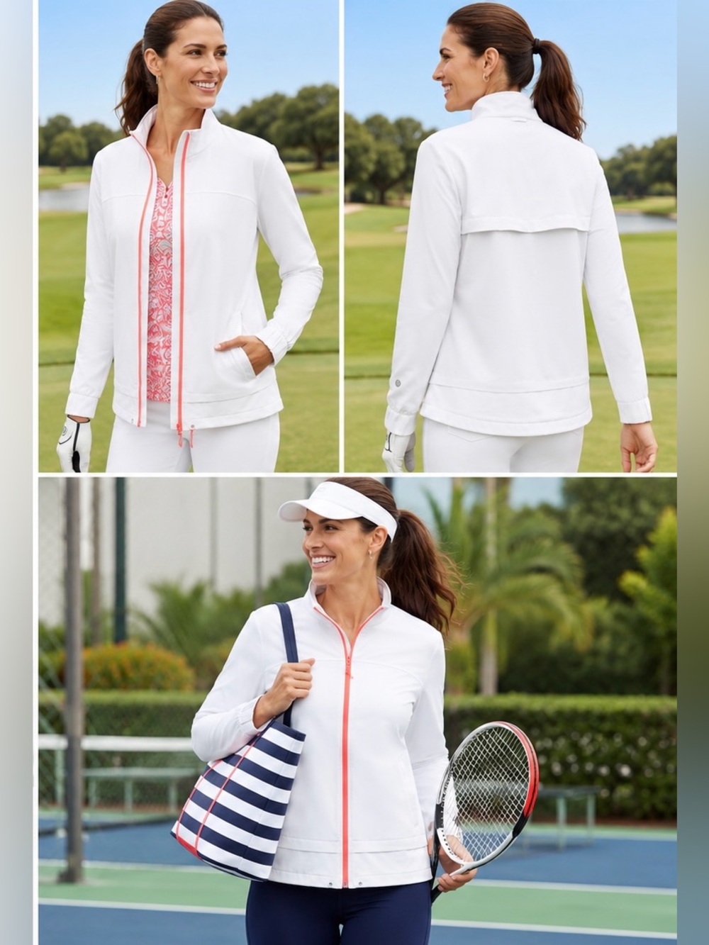 T by Talbots Four-Way Stretch Jacket White Coral Full Zip Golf Active M